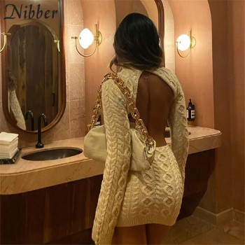 Nibber Autumn Mini Knit Dress Half High Collar Solid Color Open Back Cutout Sexy Slim Fit Women